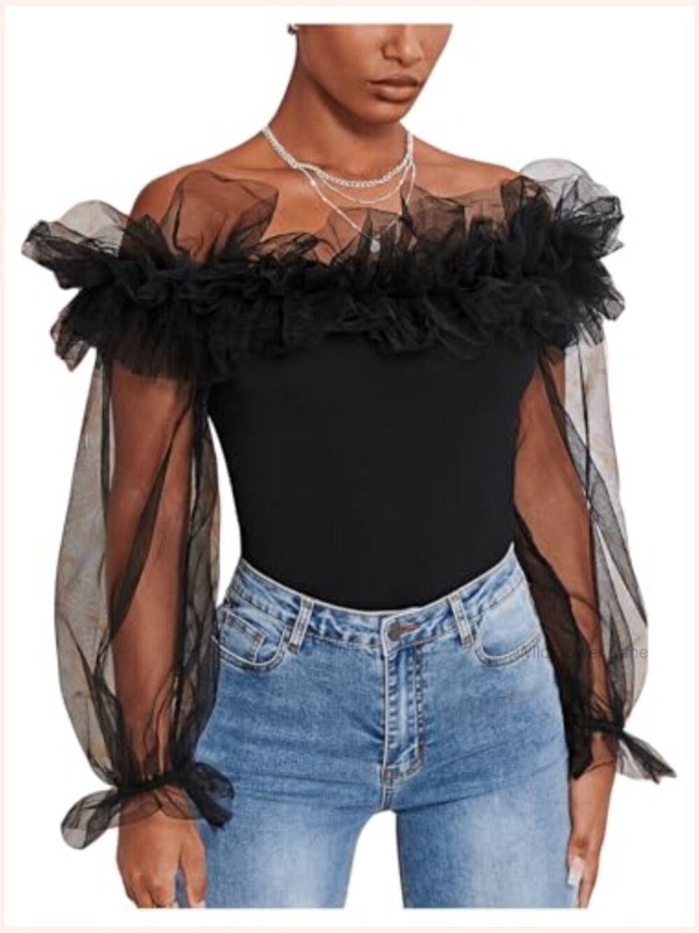 Ruffle Off Shoulder Blouse Mesh Puff Sleeve Party Top Fitted Tee - Picture 5 of 7